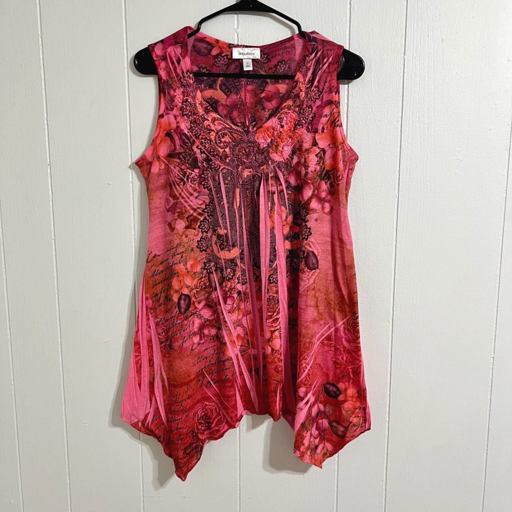 Women's Pink Red Sleeveless Medium Blouse Boho Fairy Whimsy Y2K Vtg Dressbarn‎